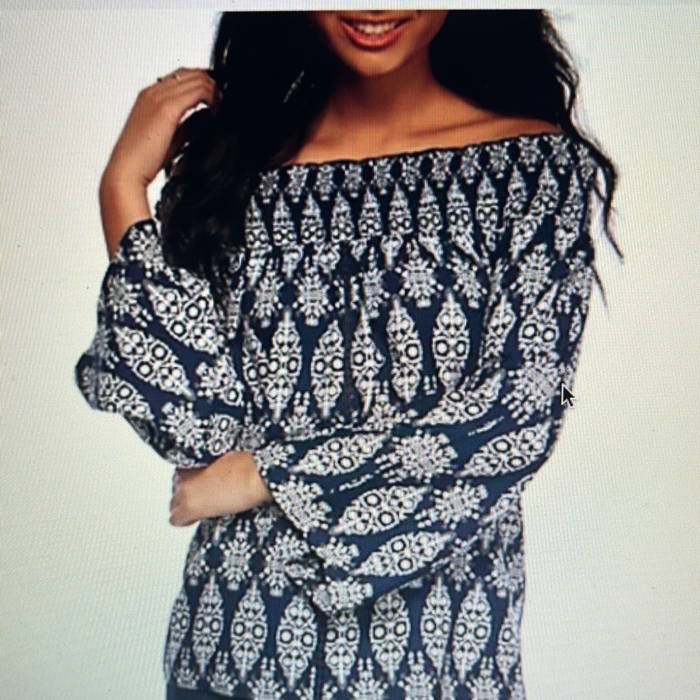 Society Girl Tunic Top Off the Shoulder Blue Batik Print Shirt Blouse Size Small